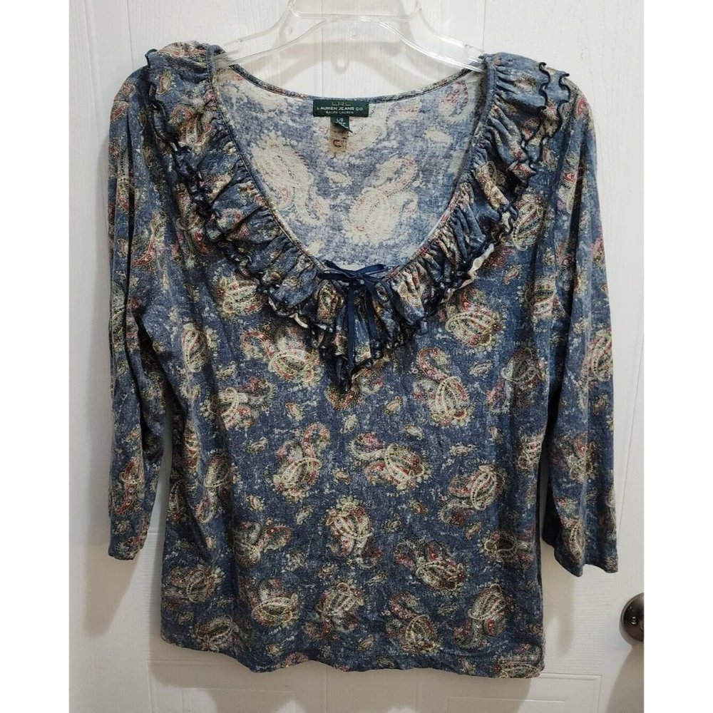 Lauren Jeans Co Women's 3/4‎ Sleeve Ruffle V Neck Blouse Top Blue Paisley Size L